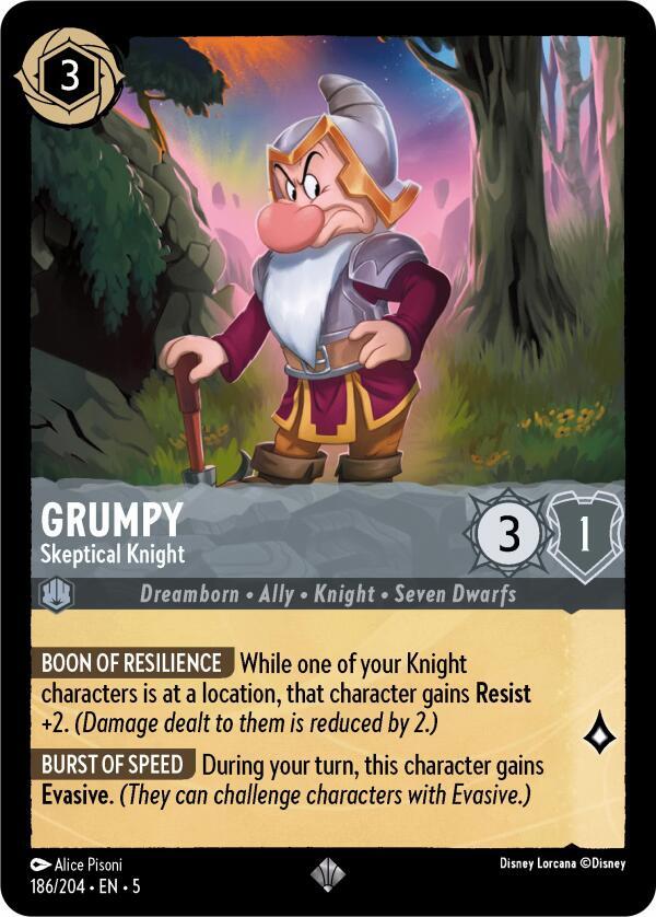 Grumpy - Skeptical Knight Super Rare Shimmering Skies 186/204 NM (Back)